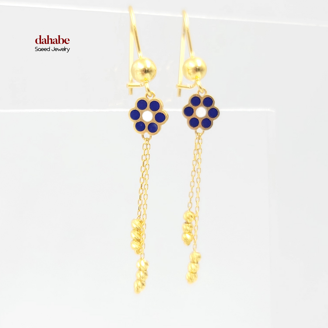 21K Gold Blue Enamel Flower Drop Earrings