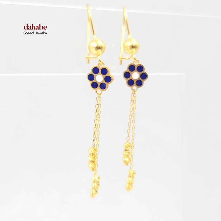21K Gold Blue Enamel Flower Drop Earrings
