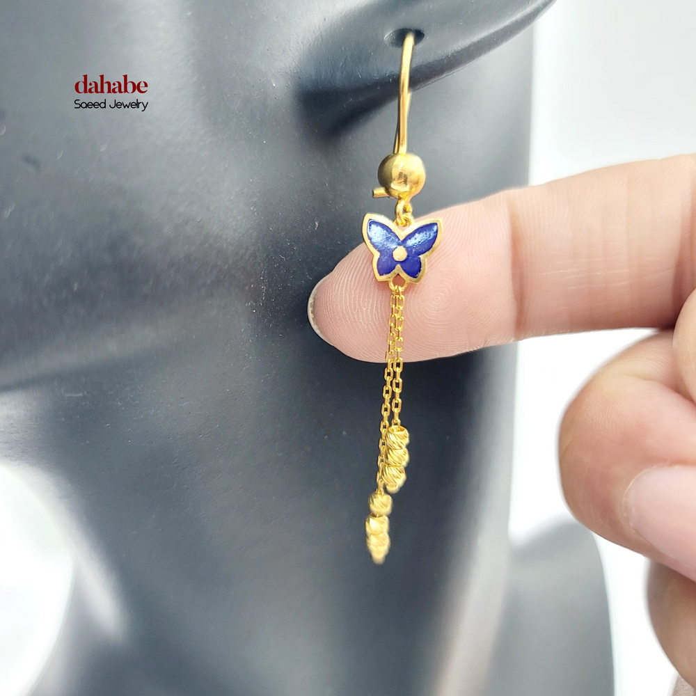 21K Gold Blue Enamel Butterfly Drop Earrings