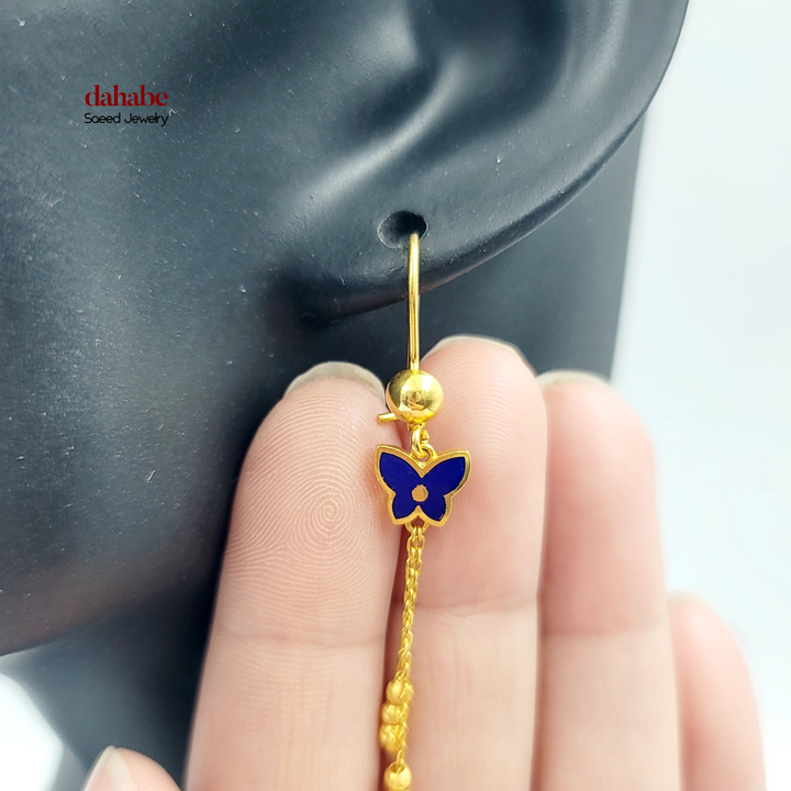 21K Gold Blue Enamel Butterfly Drop Earrings