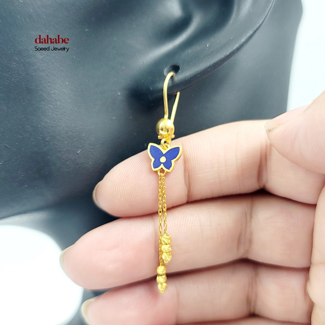 21K Gold Blue Enamel Butterfly Drop Earrings