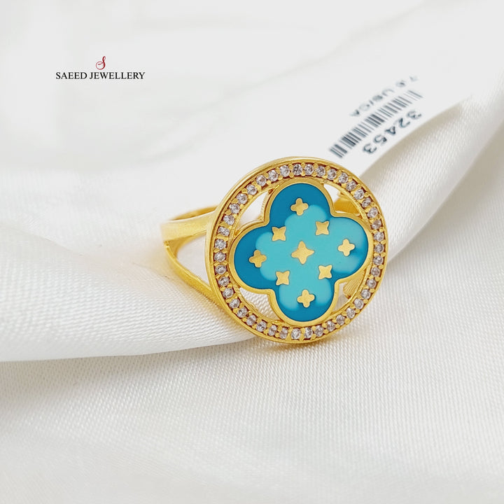 21K Gold Enameled & Zircon Studded Clover Ring by Saeed Jewelry - Image 1