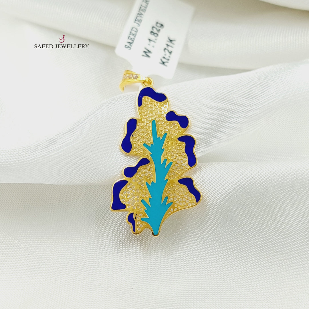 21K Gold Enameled & Zircon Studded Leaf Pendant by Saeed Jewelry - Image 1