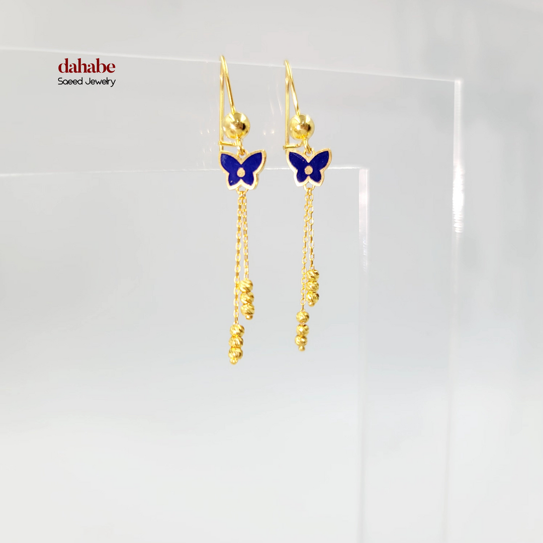 21K Gold Blue Enamel Butterfly Drop Earrings