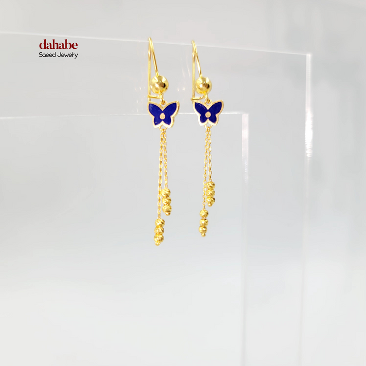 21K Gold Blue Enamel Butterfly Drop Earrings