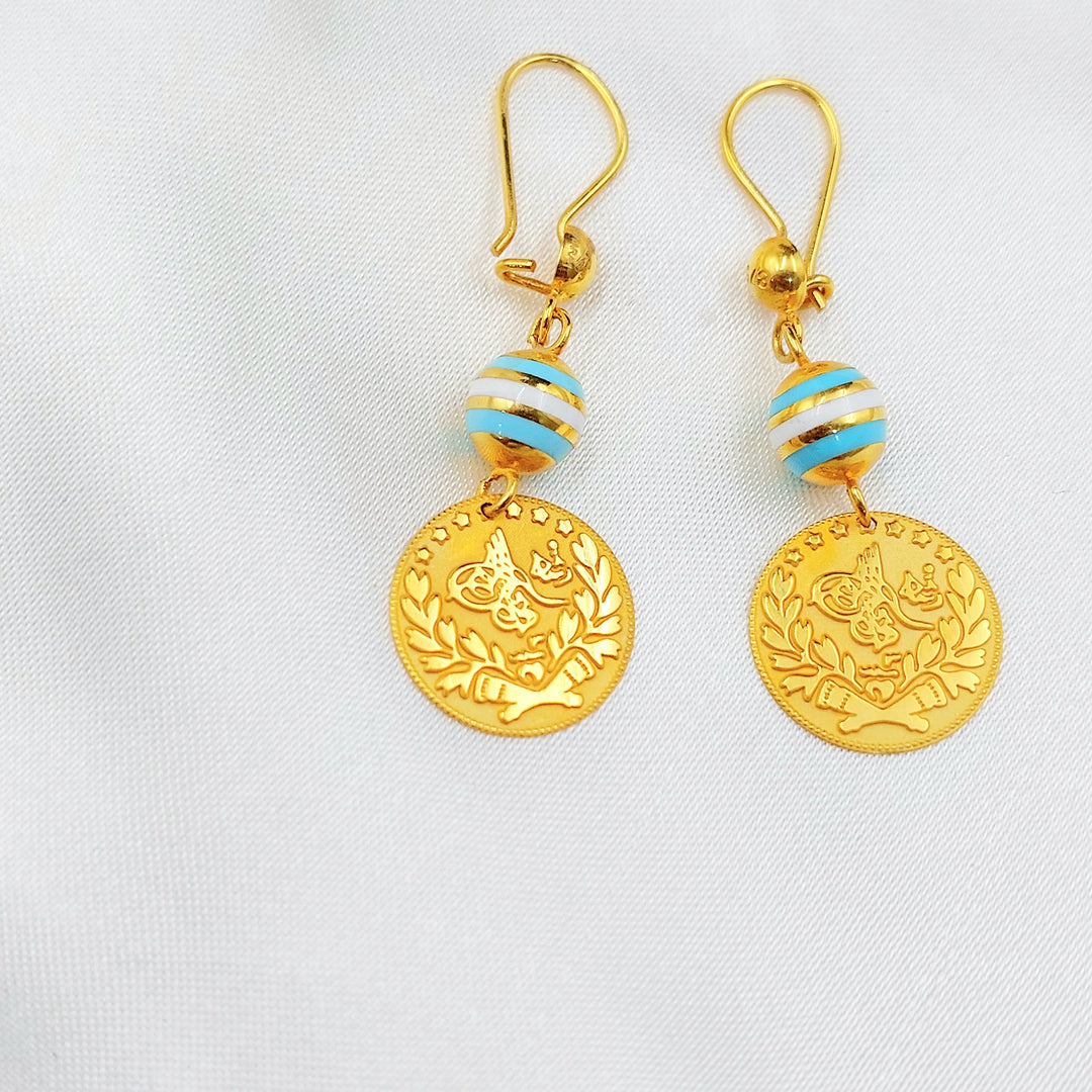 21K Gold Enamel Coin Drop Earrings