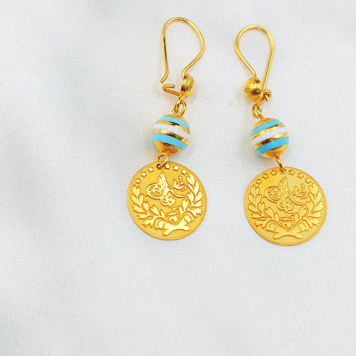 21K Gold Enamel Coin Drop Earrings