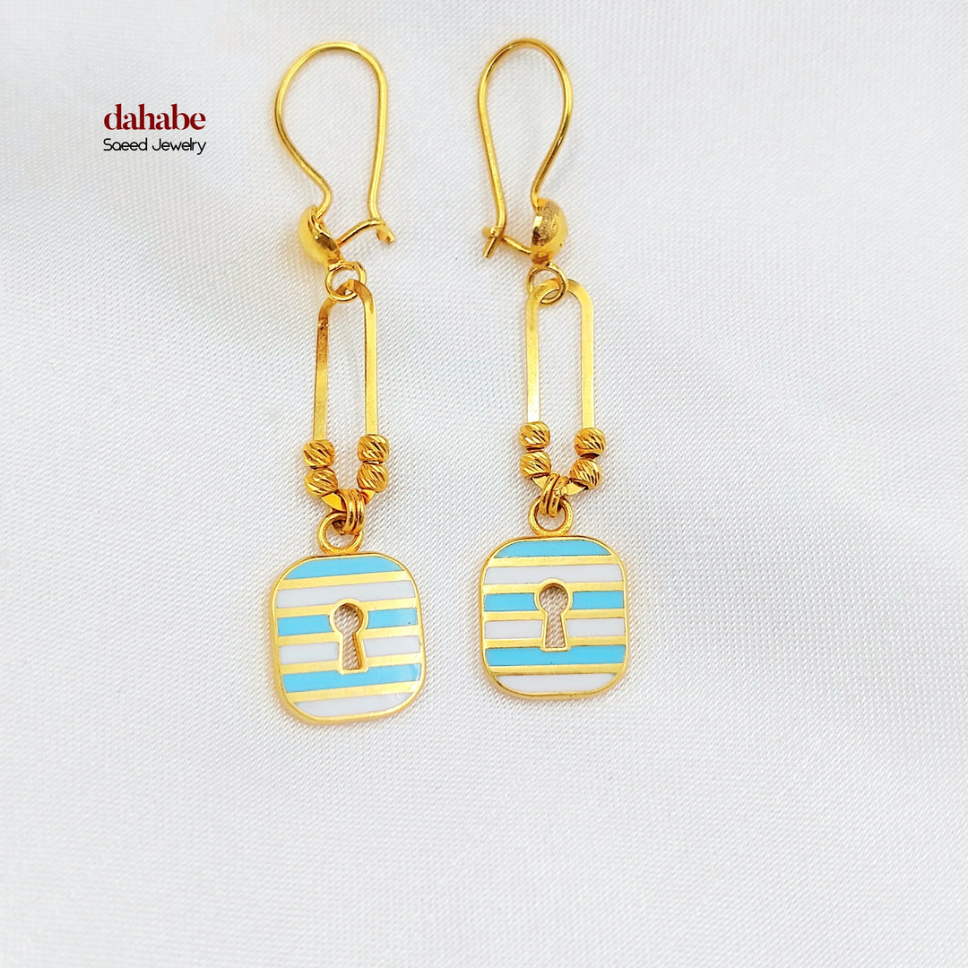 21K Gold Enamel Padlock Drop Earrings