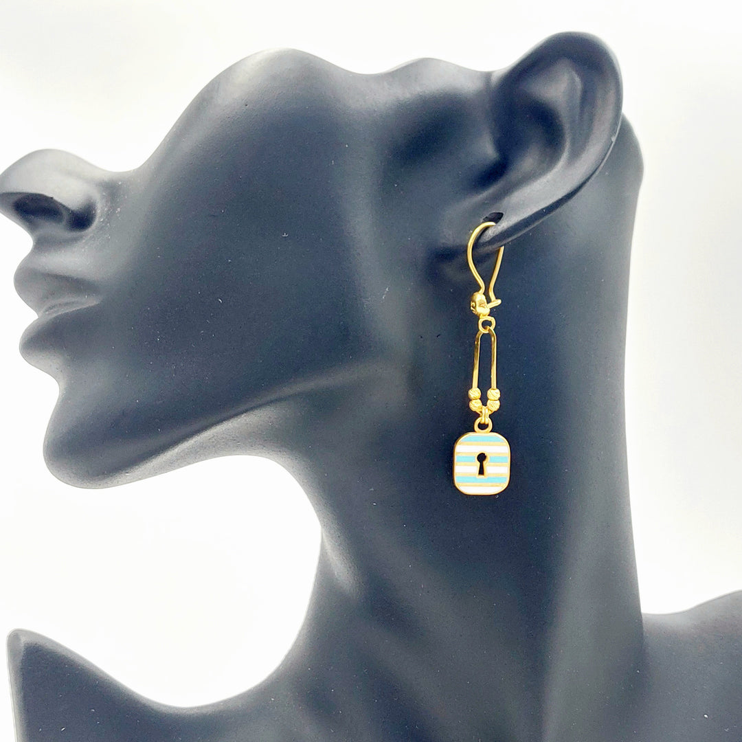 21K Gold Enamel Padlock Drop Earrings