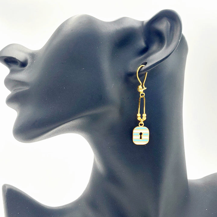 21K Gold Enamel Padlock Drop Earrings