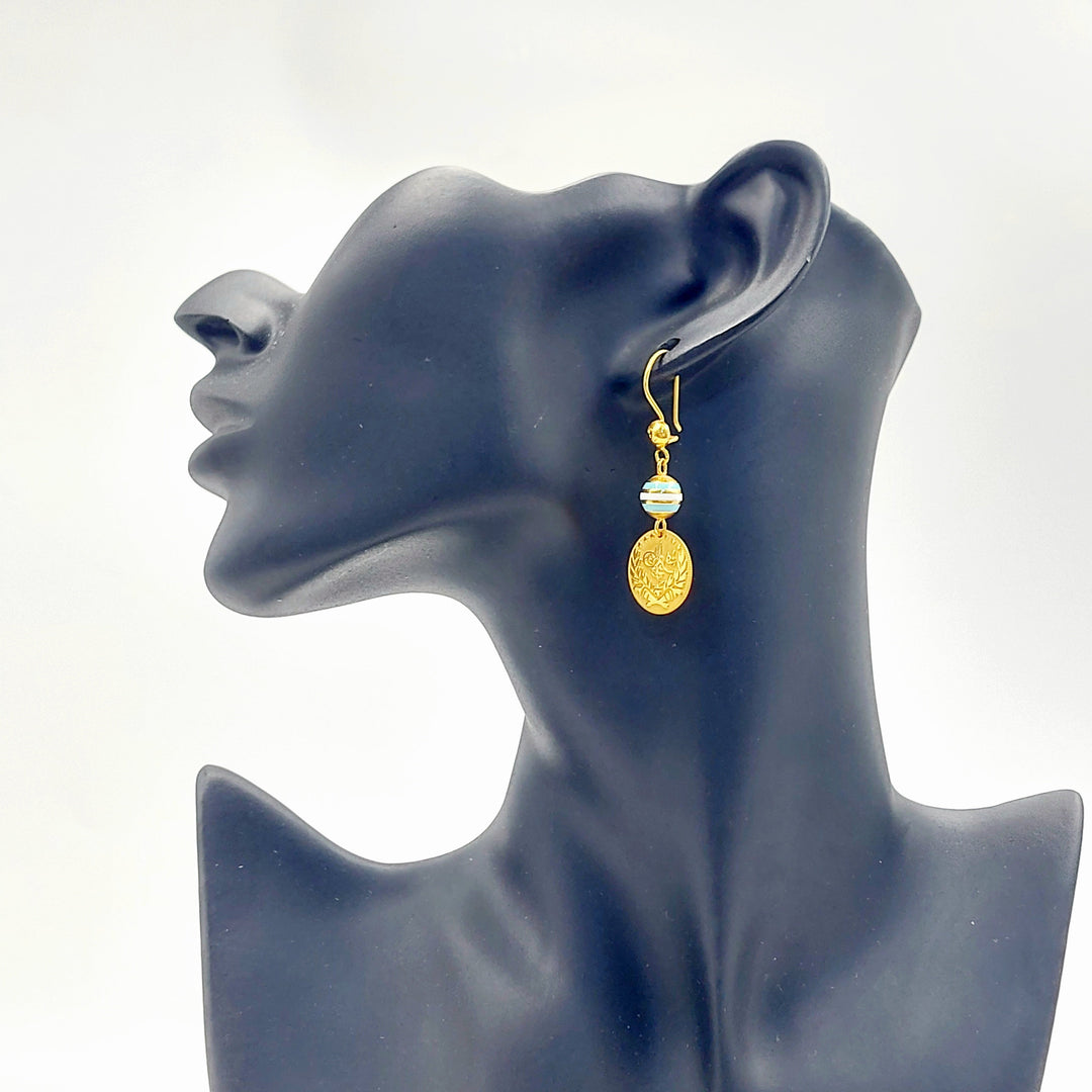 21K Gold Enamel Coin Drop Earrings