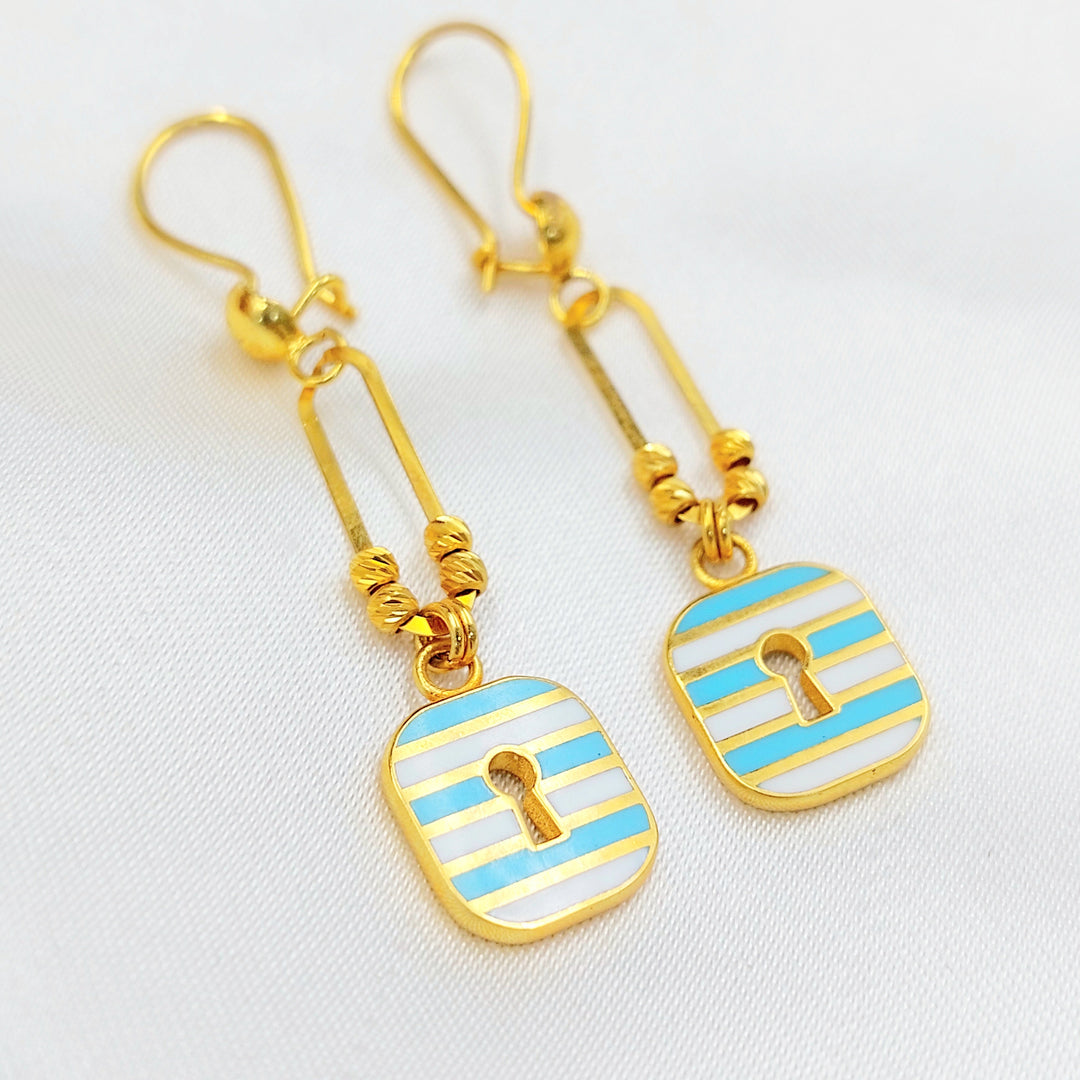 21K Gold Enamel Padlock Drop Earrings