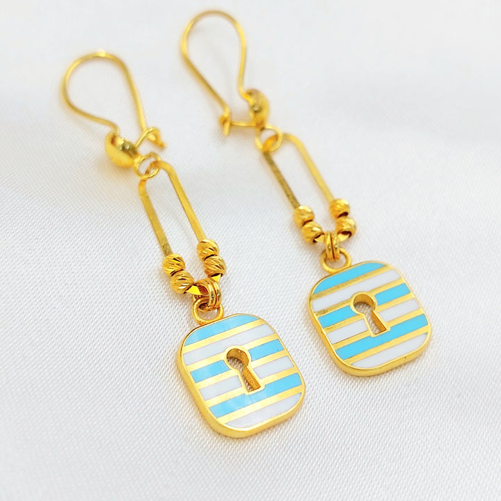 21K Gold Enamel Padlock Drop Earrings
