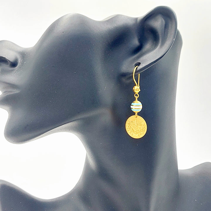 21K Gold Enamel Coin Drop Earrings