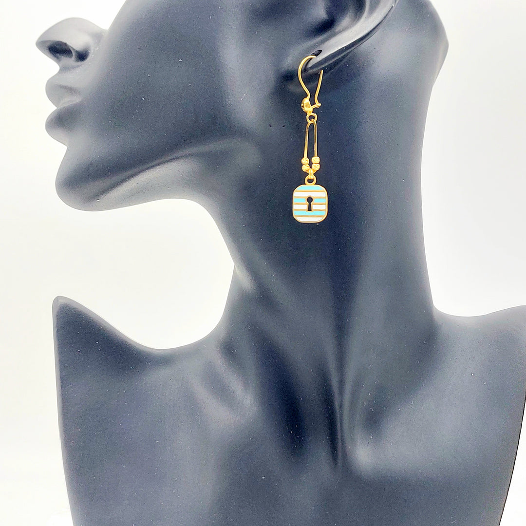 21K Gold Enamel Padlock Drop Earrings