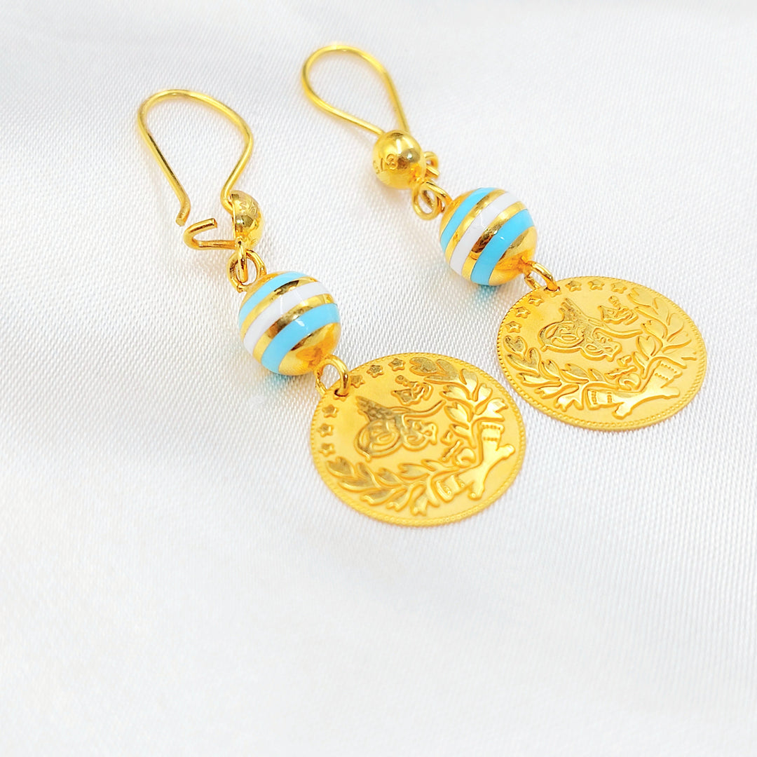 21K Gold Enamel Coin Drop Earrings