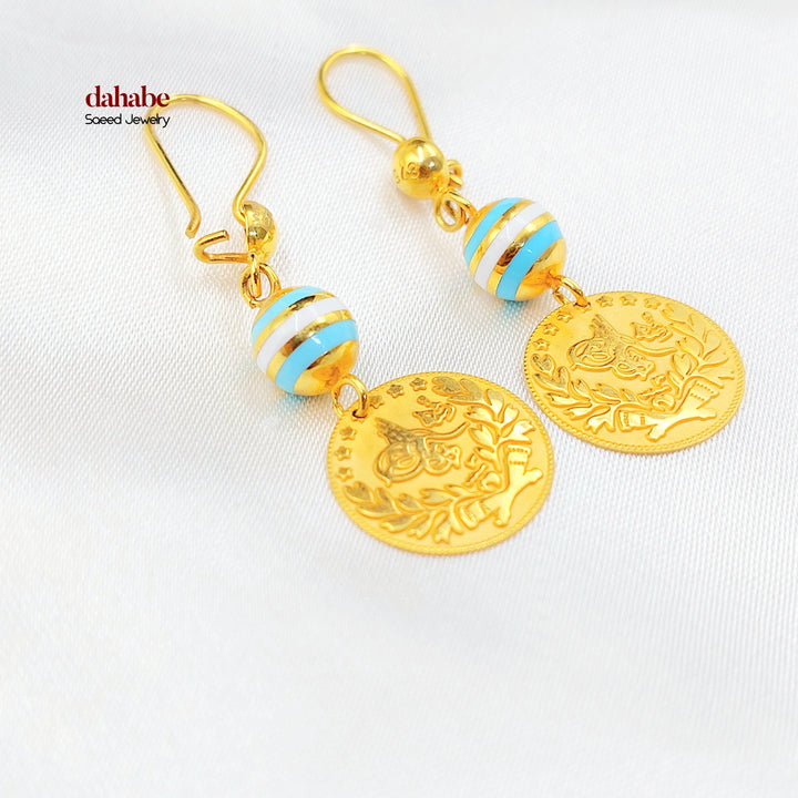 21K Gold Enamel Coin Drop Earrings
