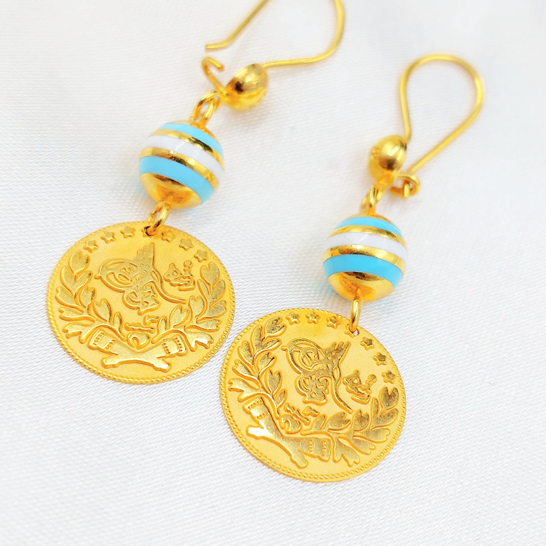 21K Gold Enamel Coin Drop Earrings