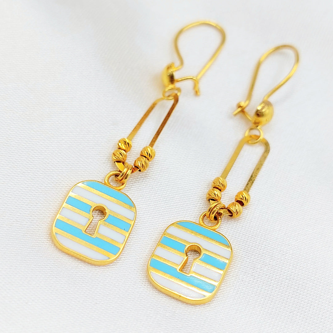 21K Gold Enamel Padlock Drop Earrings
