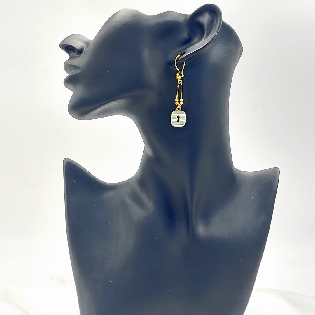 21K Gold Enamel Padlock Drop Earrings